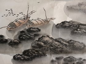 四川著名书画家张成年，水墨手绘山水画一副，旧托片，尺寸48x40厘米，保真包手绘 张成年，1954年生，四川射洪人，1989年入中央美院徐悲鸿画室学习。师从廖静文、徐庆平、戴泽、白雪石、黄胄、范缜、周怀民等著名画家和教授。1992年10月分别在北京徐悲鸿纪念馆，北京大学成功举办个人画展 1993年7月在四川美术馆成功举办个人画展，擅长中国画，人物﹑山水﹑花鸟﹑动物。