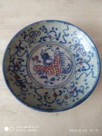 青花釉里红凤鸟盘 【底款 花押款 年代自鉴 囗17厘米 高4厘米 重402克】