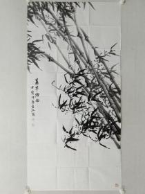 保真书画，当代画墨竹名家，吕长池《万杆烟雨》四尺整纸墨竹国画一幅138×69cm，软片。作者编著有《风晴雨雪墨竹画法》《墨竹写意画法》等书，天津杨柳青画社出版发行，深受广大美术爱好者喜欢。