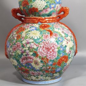 （议价） 清乾隆款 粉彩百花不落地飘带双耳葫芦瓶
