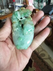 翡翠貔貅携子上朝手把件摆件