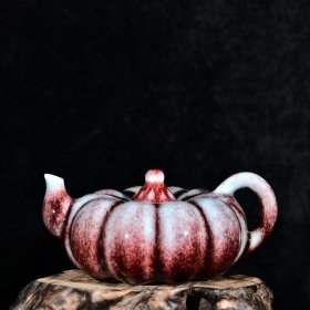 大清乾隆年制窑变霁青霁红釉瓜楞酒壶茶壶