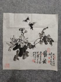 四川名家 何老 周老合作 旧国画软片 花鸟 秋韵 原稿手绘真迹（画心软片尺寸53*49厘米）