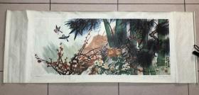 老中堂画 年画 挂画 《 山花野卉竟芳菲 》姚景卿作 天津杨柳青画社 挂轴尺寸135*52厘米，画心尺寸98*41厘米
