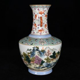 清乾隆粉彩山水亭台楼阁纹双耳瓶，25.5×17厘米