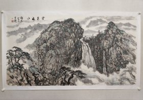 保真书画，安徽名家，宣城市第一任美协主席，李维林六尺整纸山水画《云泉飞山》，纸本托片。