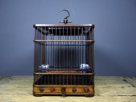 旧藏花梨木精工镶嵌宝石掐铜丝 方形鸟笼