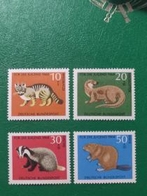 德国邮票 西德 1968年小型兽类 动物 4全新