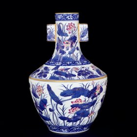 清乾隆珐琅彩青花描金荷花纹贯耳瓶38/26厘米