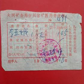 1976年2月28日，医药费收据，大同矿务局忻州窑矿（生日票据，大同票据2，医疗医院类，28-2）