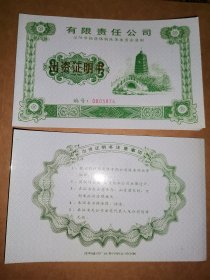 10本100元，股票，辽阳有限责任公司出资证明书，白塔风景图案，沈阳造币厂证券印刷公司印制，未使用量不大，