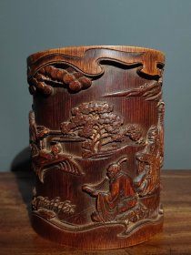旧藏 竹雕笔筒镂空雕【雅集图】笔筒摆件 纹饰精美 生生不息寓意吉祥 书房笔房用品收藏摆件 高16厘米口径15厘米重650克