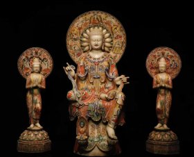 （议价） 北齐汉白玉彩绘佛像一套主佛高145cm宽64cm厚58cm供奉菩萨高1米宽36cm厚32cm
