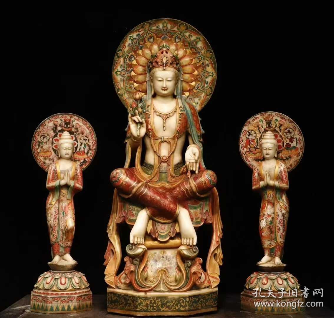 (议价） 北齐汉白玉彩绘大观音一套工艺精美法相庄严高150cm宽60cm厚45cm高1米宽36cm厚30cm