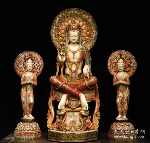 (议价） 北齐汉白玉彩绘大观音一套工艺精美法相庄严高150cm宽60cm厚45cm高1米宽36cm厚30cm