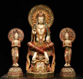 (议价） 北齐汉白玉彩绘大观音一套工艺精美法相庄严高150cm宽60cm厚45cm高1米宽36cm厚30cm