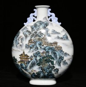 大清雍正年制粉彩山水阁楼人物纹双耳扁瓶 高32cm 直径25cm