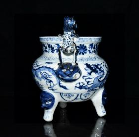 元青花龙纹兽头香炉    古玩古董老瓷器收藏   21x20