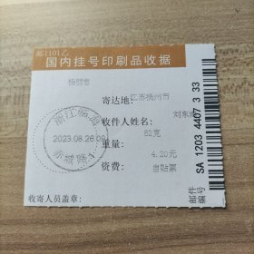 挂号印刷品收据 2023年8月26日邮戳 浙江临海赤城路1