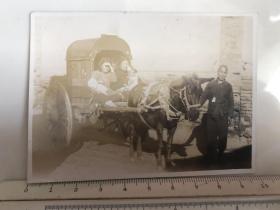 民国时期民俗赶马车的车夫马车内坐着怀抱婴儿的妇女原版老照片