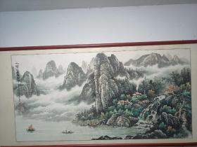 画家蒋荣生山水画，山与水之间产生了气韵，疏密之间产生了意境，大山有靠，流水进财，画面聚水生财。高80长170公分带框，外地不发框。