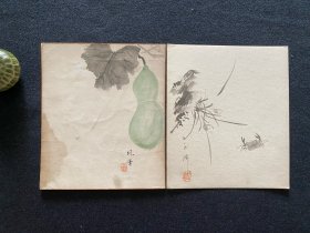 日本舶来 手写国画作品“蟹 葫芦”色纸镜心