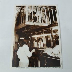 明信片。1960年香港家庭作坊。一家三代四口，挤在凌空的“吊阁”中进行生产的情景。照片私人提供，已经绝版了。