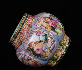 清乾隆年珐琅彩西洋人物纹描金小罐11*12厘米