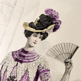 西洋古董1900法国巴黎女性时尚铜版画