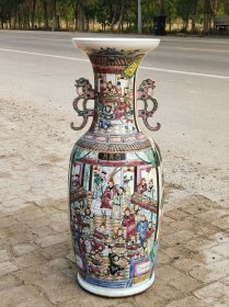重器.精工细作满工粉彩水浒英雄人物纹螭龙双耳落地瓶一对