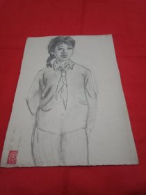 旅法华人美术家李芳于1984年铅笔画《红领巾少女》(此为绘画原作，19×27厘米；已钤印；名家处女作，成长的脚印，时代的记忆，弥足珍贵，值得收藏)