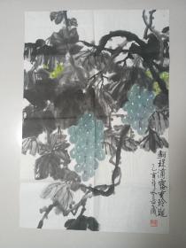 【作品保真】山东著名老画家徐竟成四尺开三《葡萄图》
徐竟成，山东寿光人，1933生，画坛泰斗。五十年代毕业于山东师范大学艺术系，师从西洋画大师吕品和国画大师于希宁。是山东省内一位集诗、书、画、印于一体，具有极高文化艺术修养的著名老画家。他的画风中西结合，风格独，在山东画坛独具一格。