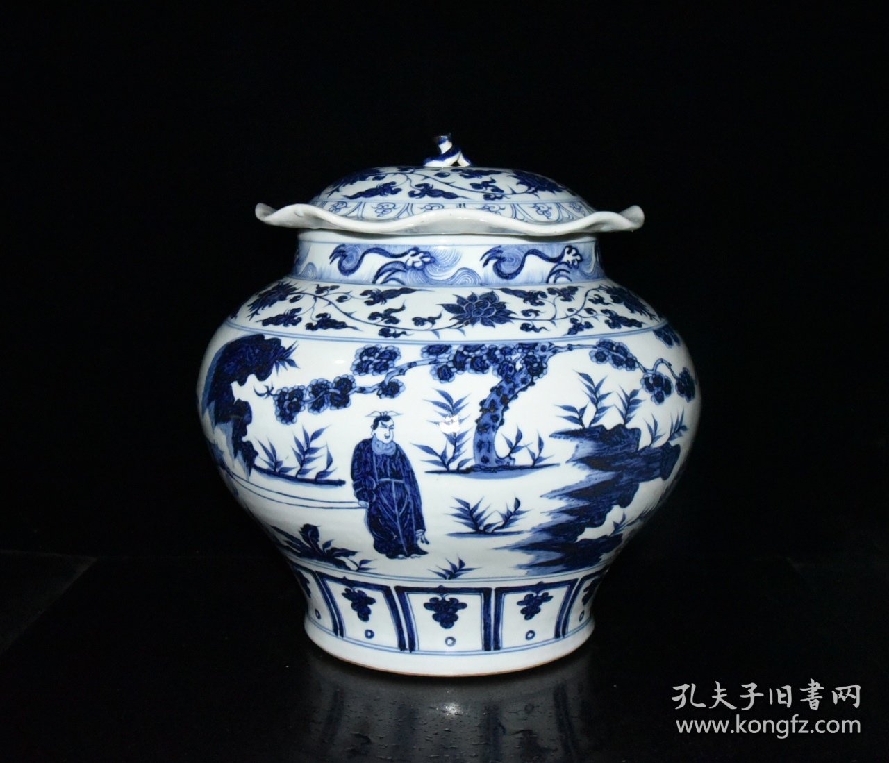 元波斯文青花萧何追韩信人物故事纹荷叶盖罐一对【36×35cm】