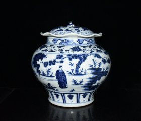 元波斯文青花萧何追韩信人物故事纹荷叶盖罐一对【36×35cm】