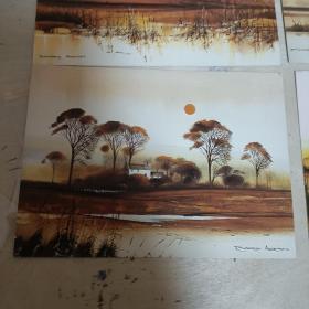 F0337外国明信片一组 4枚 风景绘画落日 背后有介绍 品相如图 有折