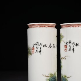民国珠山八友刘雨岑花鸟纹笔筒 21*6.3厘米