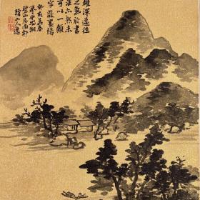 日本近代南画家、书法家江上琼山金笺水墨山水作品，摹米芾山水图，绢本绫裱，工艺檀木轴头，带画家自题箱，画心32.7*25.3，金笺小茶挂精品，百里挑一，题赞有美术史价值，品相极佳