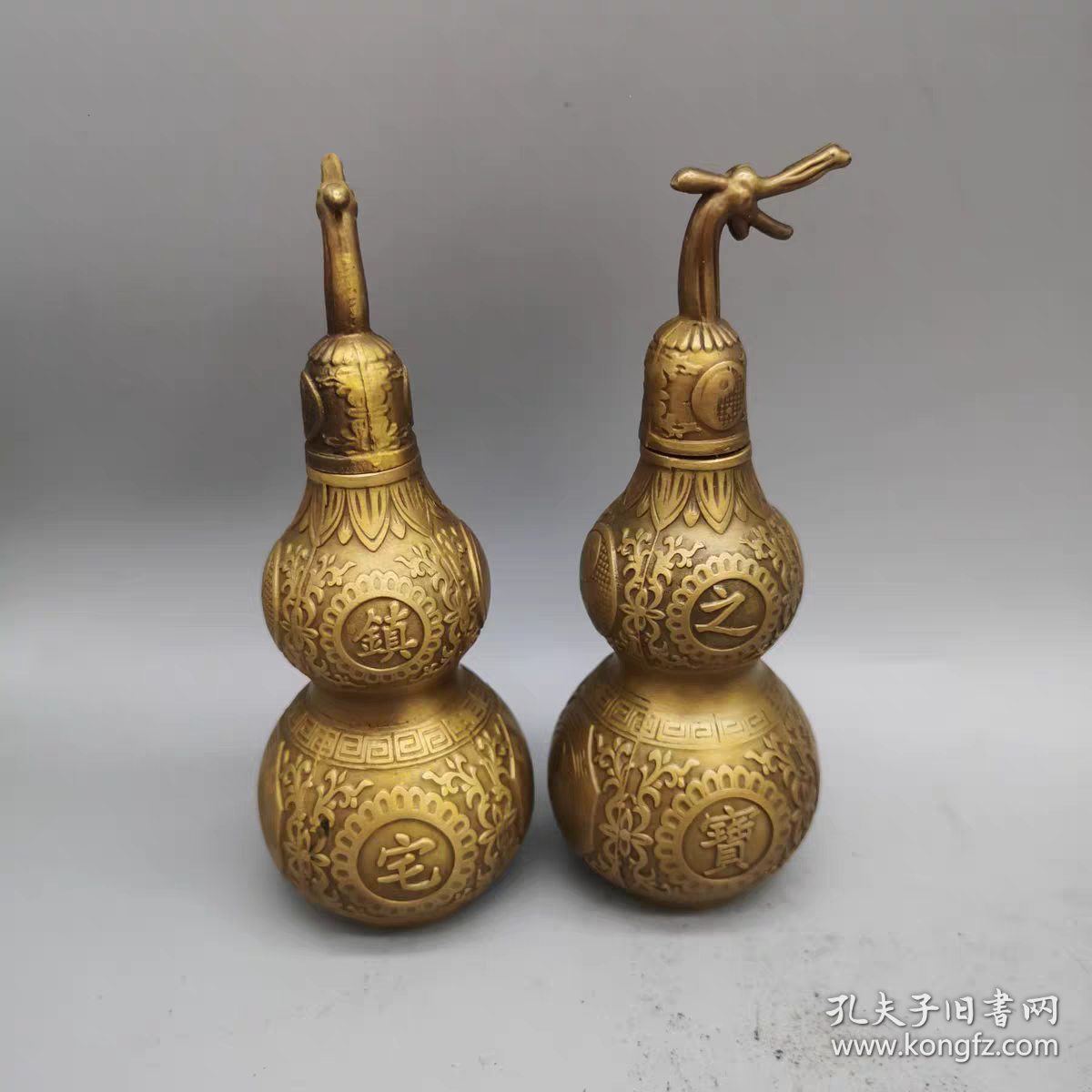 纯黄铜福禄寿喜财葫芦瓶一对