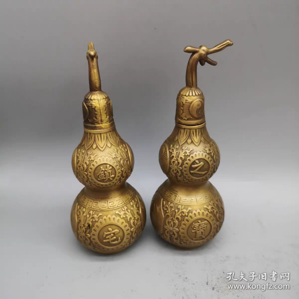 纯黄铜福禄寿喜财葫芦瓶一对