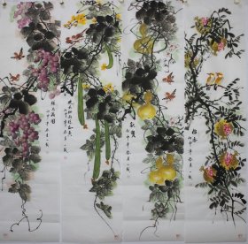 国家一级美术师，七旬老画家王老师花鸟四条屏 获奖代表构图