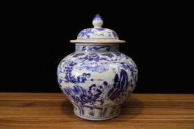元代，青花鬼谷子下山图盖罐、器形雅致，明艳动人，青花素雅，胎质细腻，全品相！