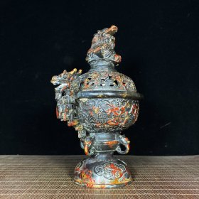 老铜胎泥金高底龙耳龙纽浮雕吉祥八宝熏香炉，高25厘米，宽22厘米，重1759克