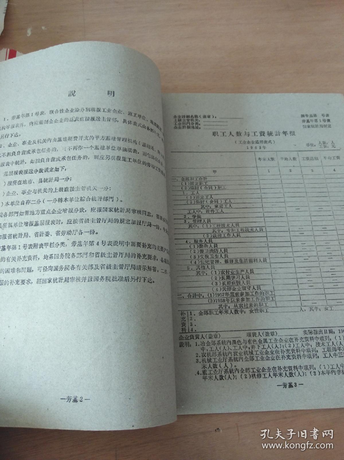 1962年劳动工资统计年报基层报表制度