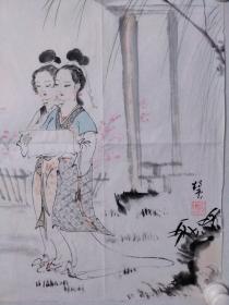 保真书画，当代优秀人物画画家，刘静云国画作品人物一幅，尺寸：45.5*68刘静云：1964年生，河北香河人。现任河北省美术家协会会员、中国当代艺术网特邀推荐艺坛名家、国际当代艺术文化发展有限公司签约书画家。幼习绘画，师从袁宗浦老师学习中国传统绘画之精髓和技法，曾临摹并研究任伯年、八大、蒋兆和、刘继卣等近现代大家之作，深切体会人物绘画之精妙和灵魂，从而形成自身独特的画风：笔法灵秀飘逸，墨韵清朗雄