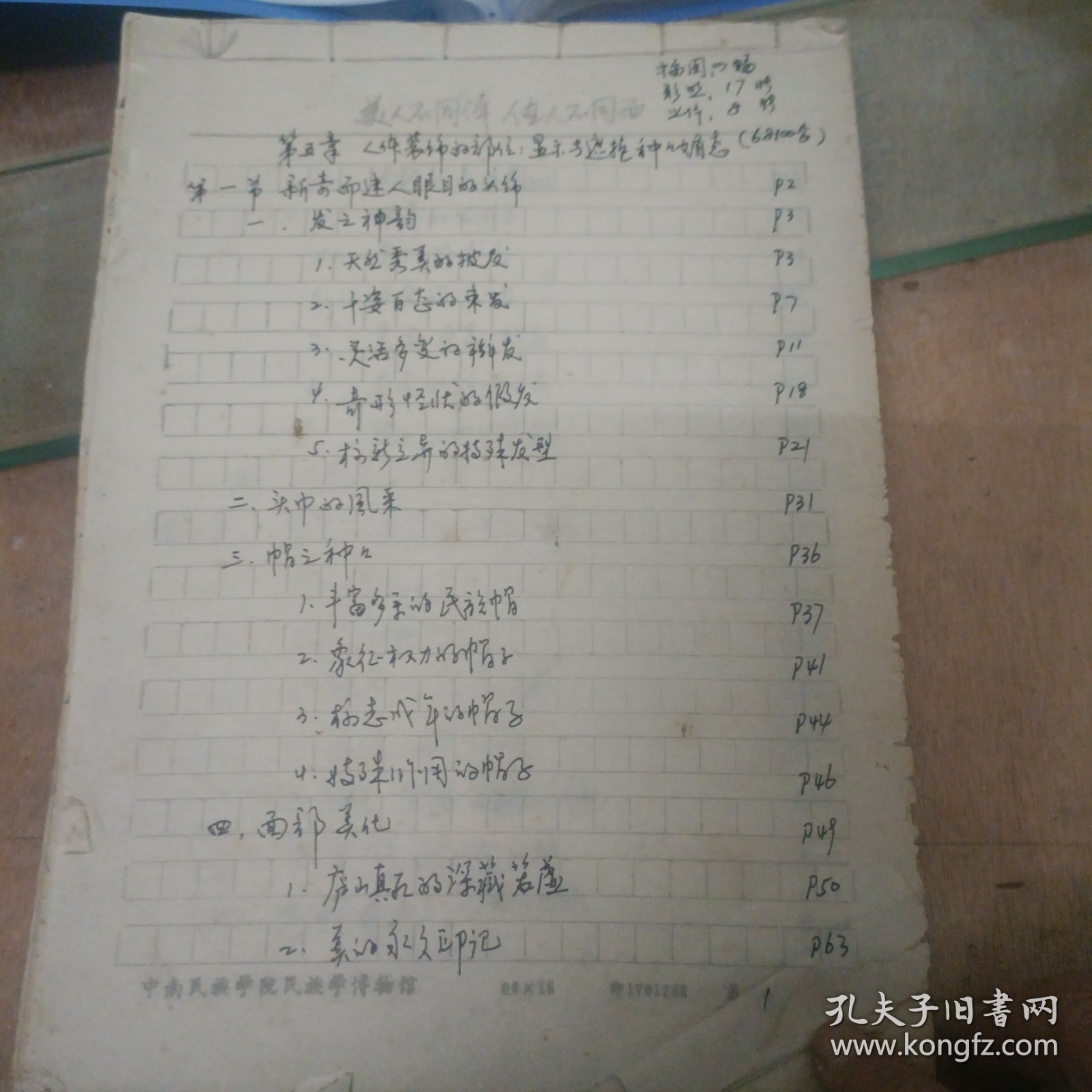 中南民族学院邵树清手稿:人体装饰的部位～显示与遮掩种种媚态【没落款】