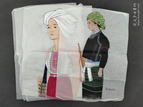 北京工艺美术品公司旧藏:佤族女民兵，㑀族少女大幅画稿4张，上色精美，GY14