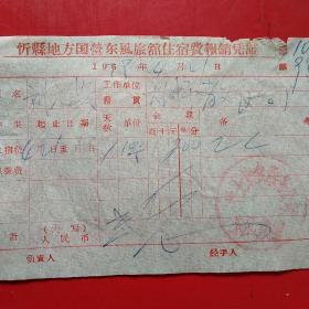1978年4月21日，住宿费，忻县（今忻州市）地方国营东风旅馆住宿费报销凭证，忻县饮食服务公司东风旅馆。（生日票据，宾馆住宿类）（46-6）