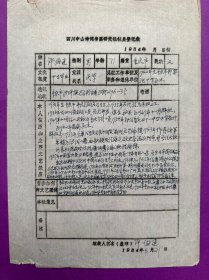 重庆书坛泰斗许伯建填写《四川中山诗词书画研究社社员登记表》。许伯建（1913—1997），重庆人。1930年代初就读于川东师范和实用高等财商学校。抗战时期，供职于四川省银行重庆特等分行。1958年调任中学语文教师。曾任四川省书法家协会名誉理事、重庆市书法家协会副主席、重庆市文史研究馆馆员。工书，精唐楷，尤擅褚法；能诗词，擅古文，擅篆刻，治印法秦汉。吴宓曾誉称为“诗词、书法、篆刻艺术三绝之雅士”。