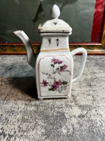 民国，贴花四方旧壶一把，磕