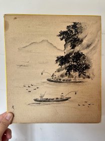 508日本卡纸色纸画，回流老字画。纯手绘，写意国画，水墨画。色纸。山水